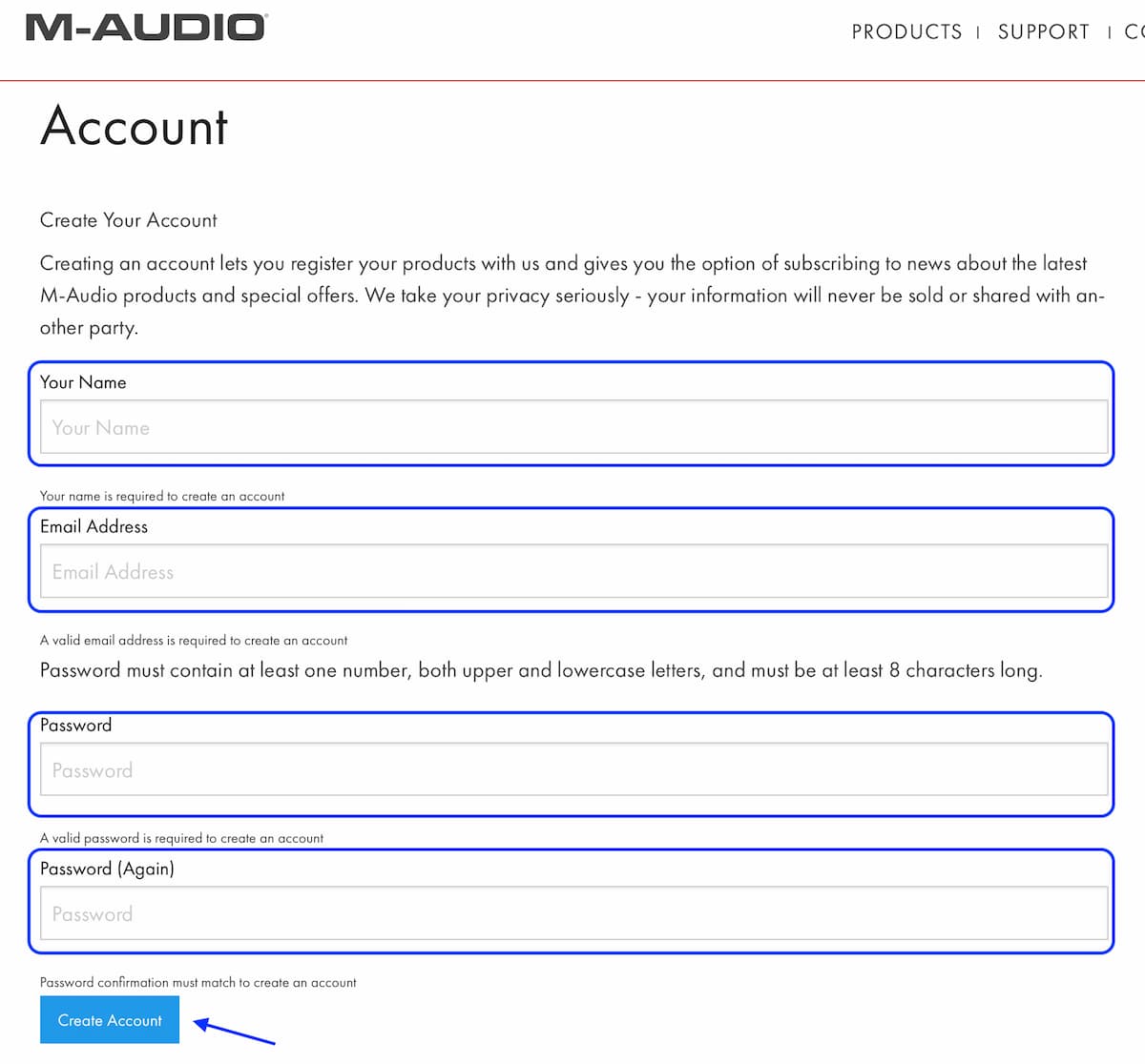 M-audioアカウント登録